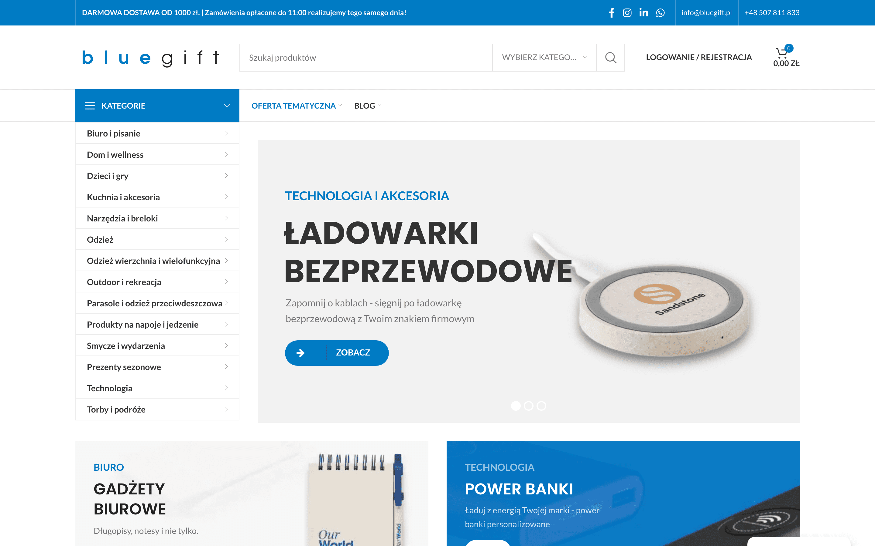 Sklep bluegift.pl: strona główna z kategoriami i produktami